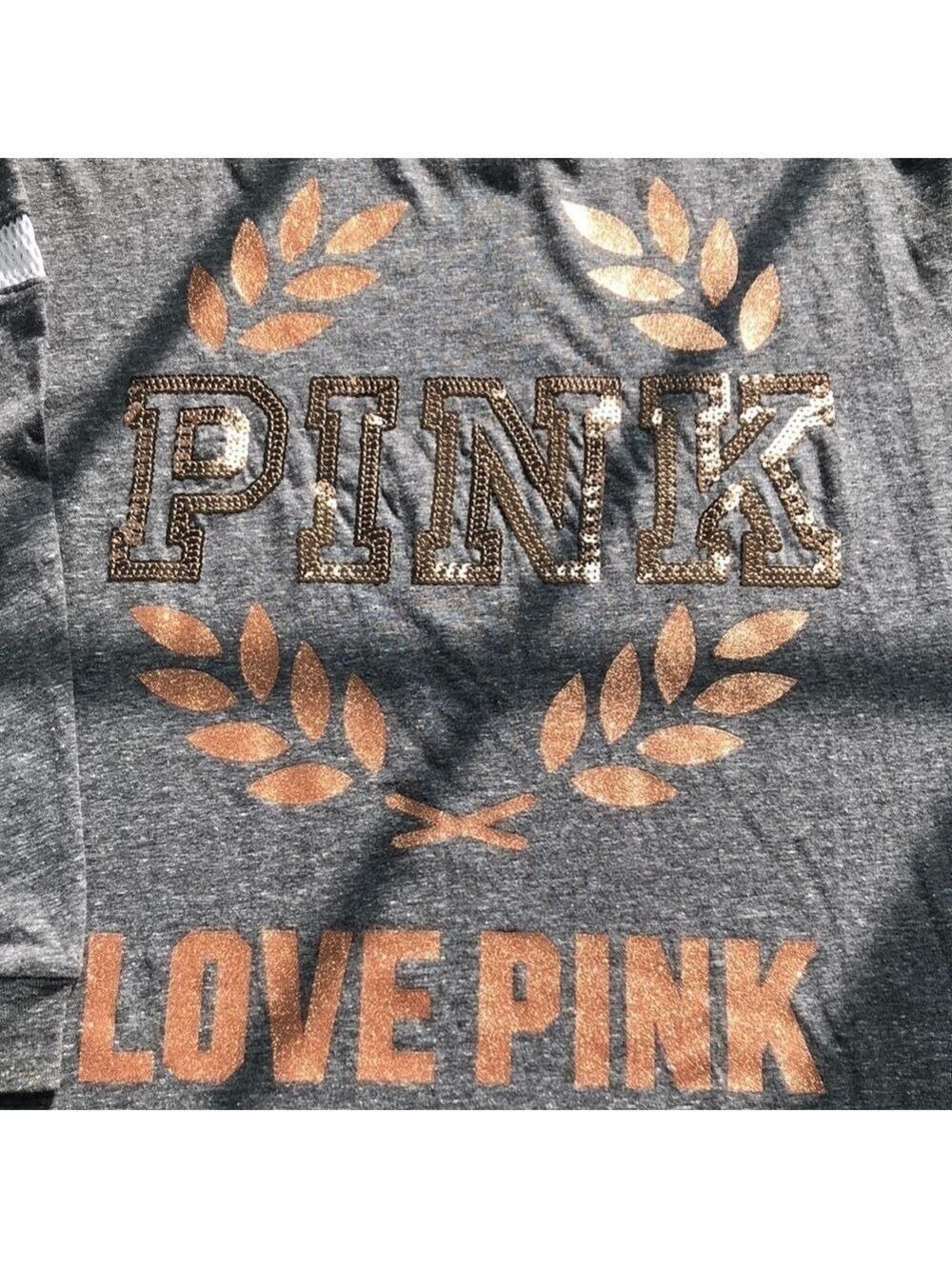 Victoria's Secret Pink Bling Campus Long Sleeve Tee Heather Gray Rose Gold Small - Picture 13 of 13